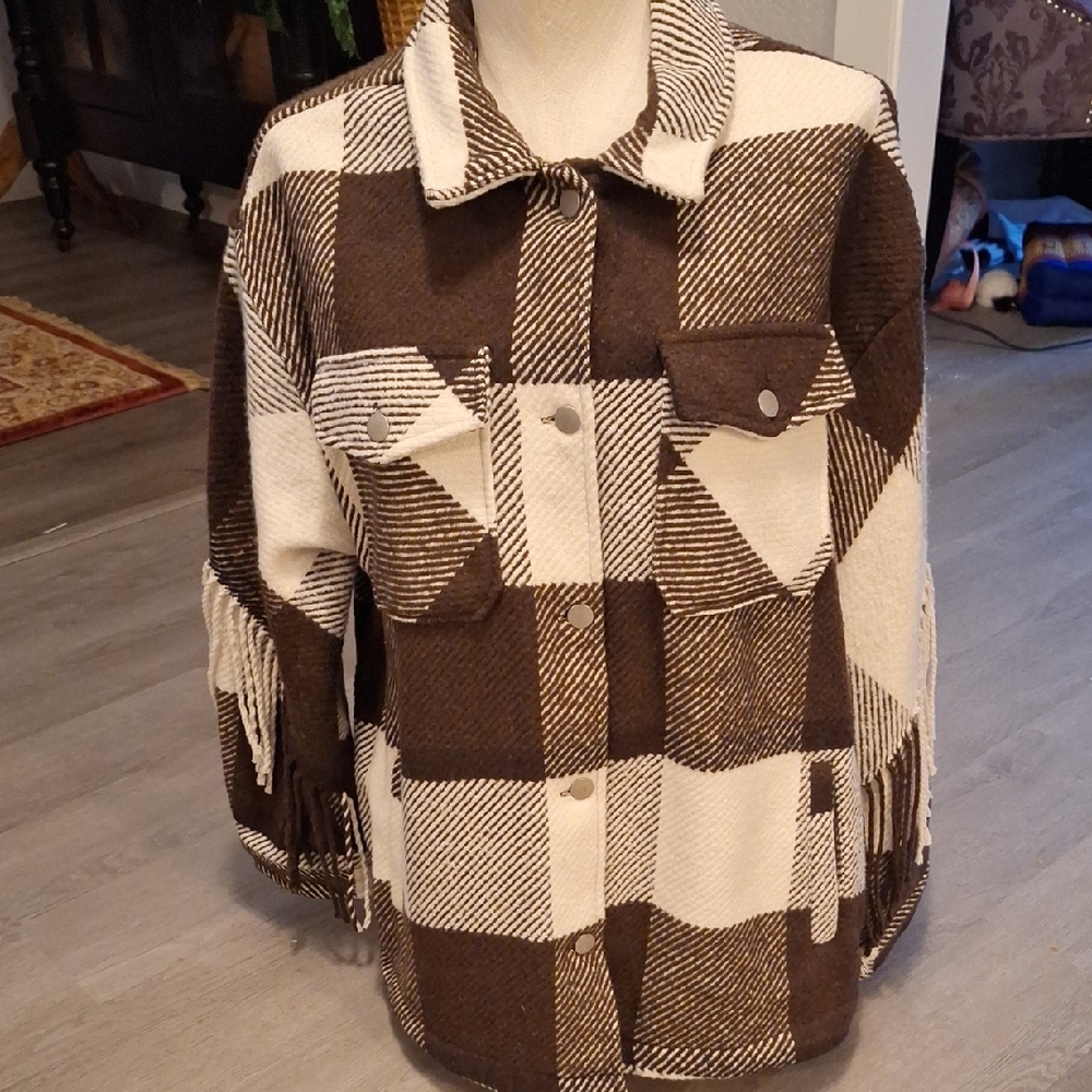 STOOSH Brown and White Plaid Fringe Barn Jacket - Picture 1 of 10